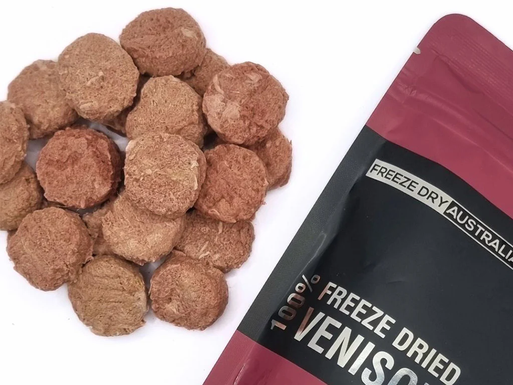 Close-up of venison cookies and pouch